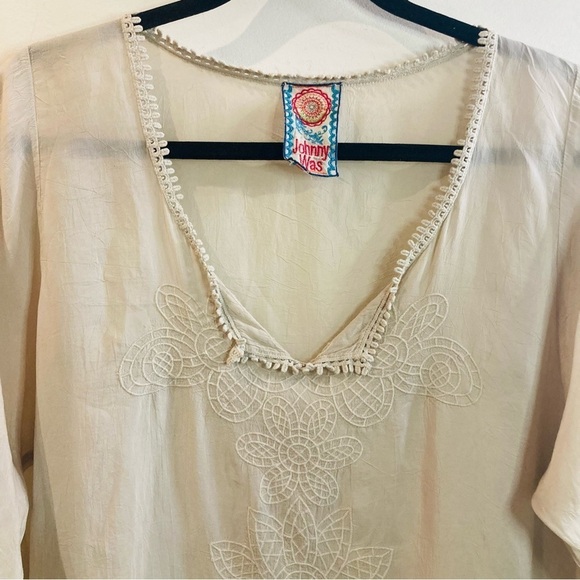 JOHNNY WAS Sz L 100% Cupro Rayon Embroidered Trim Semi Sheer Cream Blouse - Picture 2 of 12